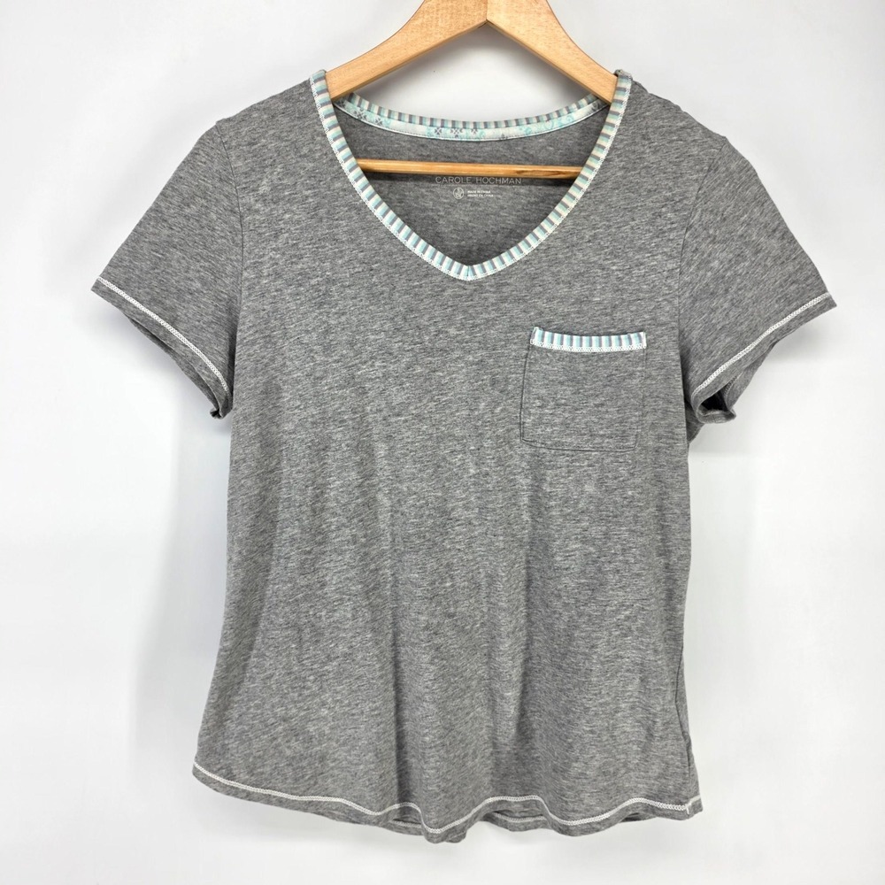 Carole Hochman Pajama Top Women Small Gray V-Neck Pocket Short Sleeve Sleep Tee